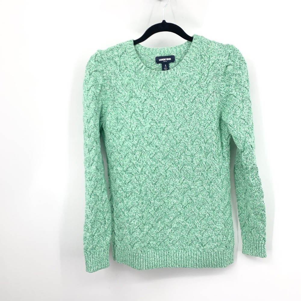 Lands End Women Size Small 6 8 Sweater Drifter Green Cable Knit Cotton Crew Top